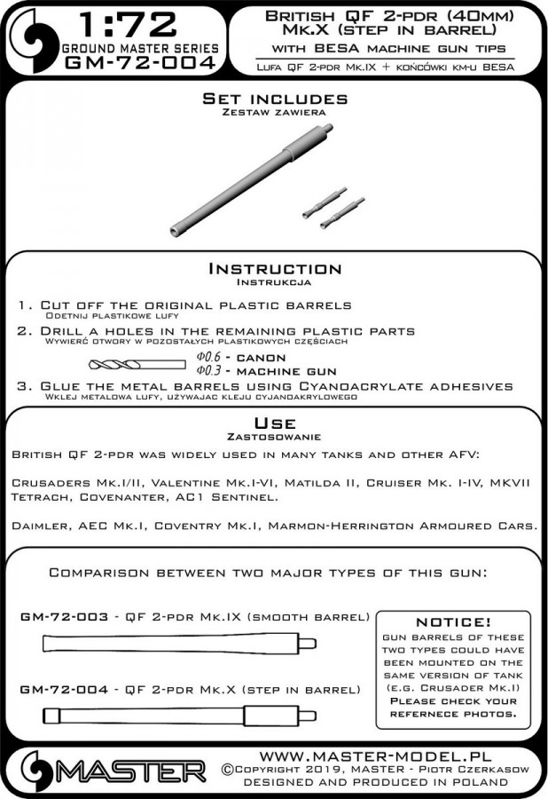 GM-72-004 Британские QF 2-pdr (40 мм) - версия Mk.X (шаг в стволе) + наконечники Besa MG - для Crusader Mk.I / II, Valentine, Matilda II и других ББМ