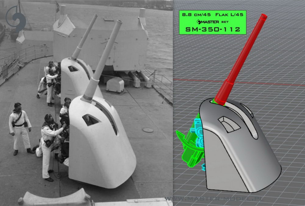 SM-350-112 Немецкое орудие 8,8 см / 45 (3,46 дюйма) Flak L / 45 - использовалось на большинстве немецких военных кораблей Первой мировой войны - (смола и токарные детали) - (4 шт.)