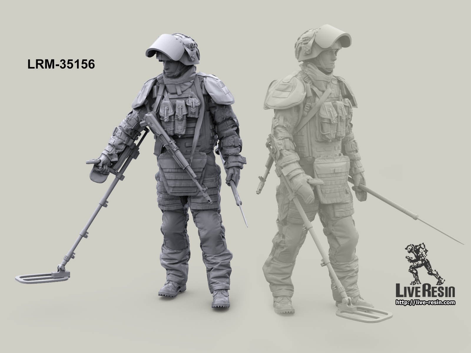 LRM35156 Современный Российский сапер в тяжелом костюме разминирования с миноискателем и щупом -1 (Не для свободной продажи) Live Resin