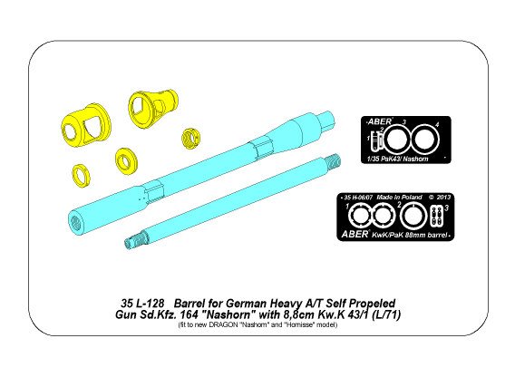 ABR-35-L-128  Дополнения для  Barrel for German A/T Self Propeled Gun “Nashorn” with 8,8cm Pak 43/1 L/71  для Dragon 1/35