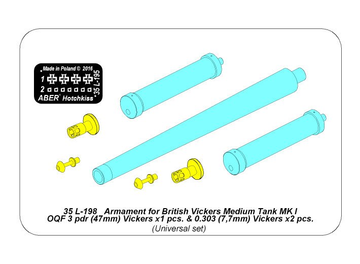 ABR-35-L-198  Дополнения для  Armament for British Vickers Medium Tank MK I OQF 3 pdr Vickers x1 pcs. 0.303 Vickers x2pcs. для Hobby-Boss 1/35