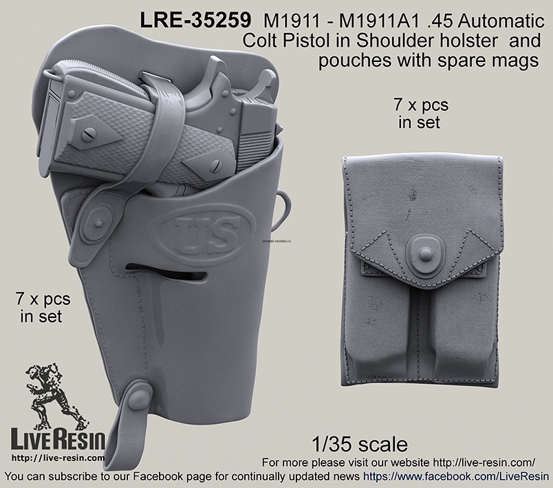 LRE35259 Автоматический пистолет M1911 - M1911A1 .45 Automatic Colt Pistol в плечевой кобуре и патронная сумка с запасными магазинами.