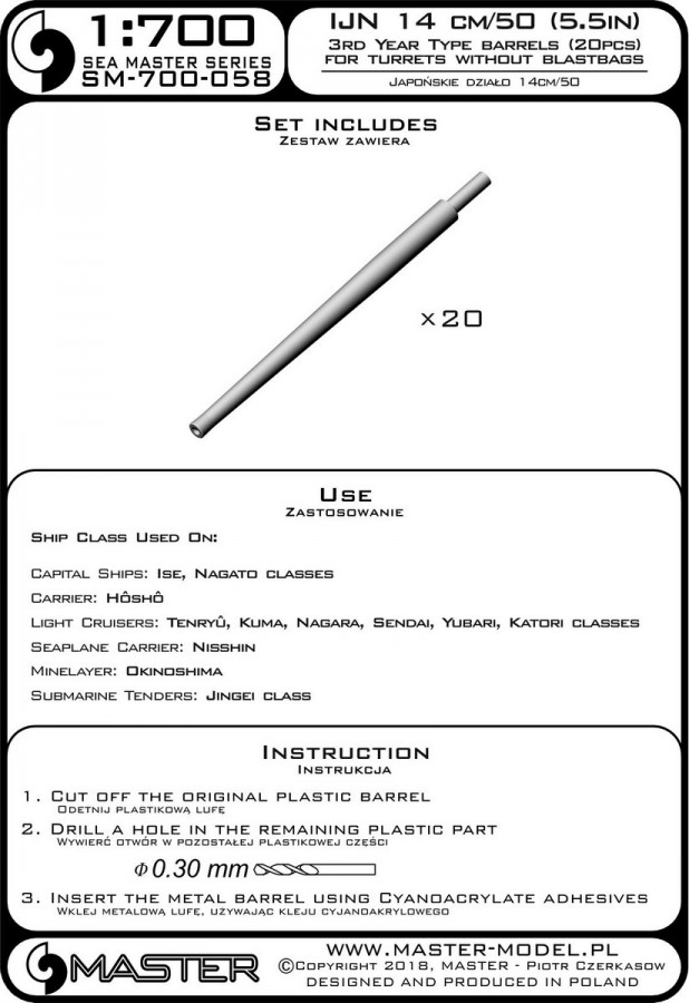 SM-700-058 Стволы IJN 14 см / 50 (5,5 дюйма) 3-го года выпуска - для турелей без взрывных устройств (20 шт.) - самые ранние линкоры и крейсеры IJN